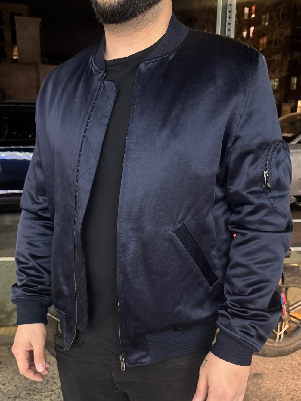 Blue Satin Bomber Jacket